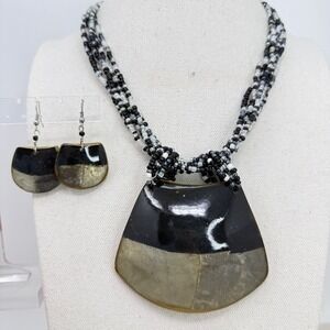 Statement Necklace and Matching Earrings Beaded Boho Tribal Black Gold